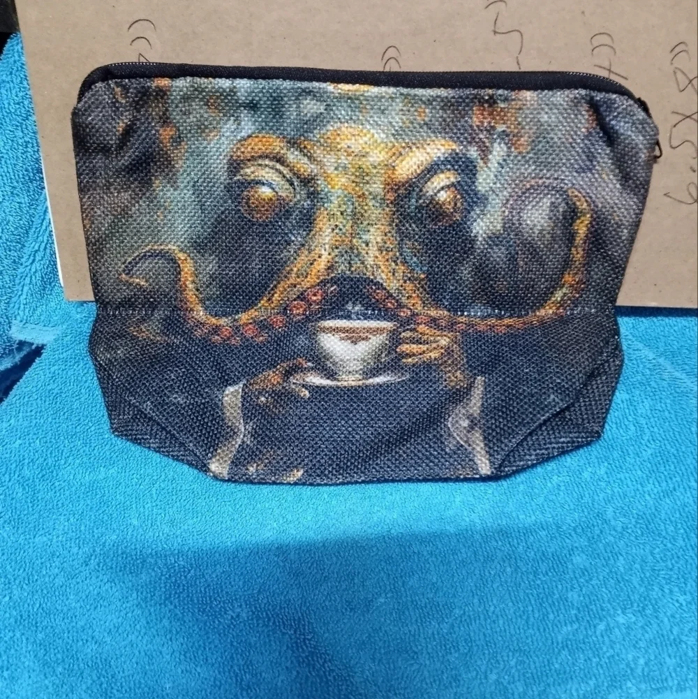 Octopus Print With Coffee Makeup Pouch